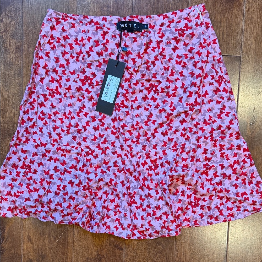 Motel Gaelle Pink Mini Skirt with Red Butterfly Print